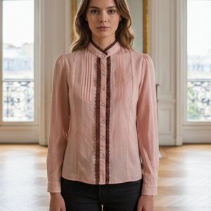 Kuehanxiu Pink Silky Lace Pleated Top - Crystal Buttons - Size XS